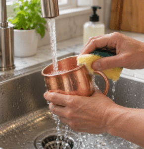 Limpeza de utensílio de cobre com pano macio ou esponja